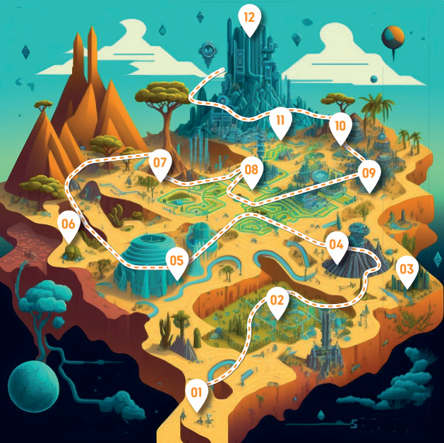 Diagram of paths and landmarks in the humanist park